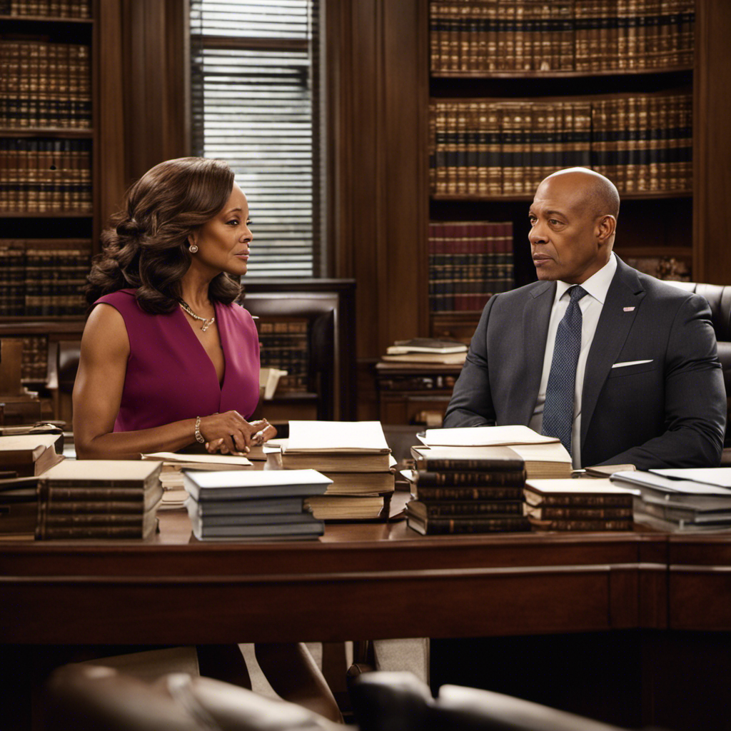 An image showcasing Harvey and Jessica Pearson in an intimate conversation, surrounded by law books and legal documents symbolizing their partnership