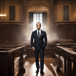 An image featuring Louis Litt standing tall in a courtroom, donning a perfectly tailored suit, exuding confidence and determination