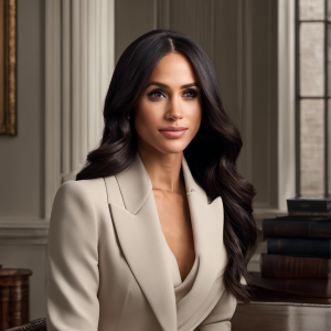 An image showcasing Meghan Markle's remarkable journey from a confident, professional lawyer in the hit TV show "Suits" to her elegant transformation as the Duchess of Sussex, radiating grace and sophistication