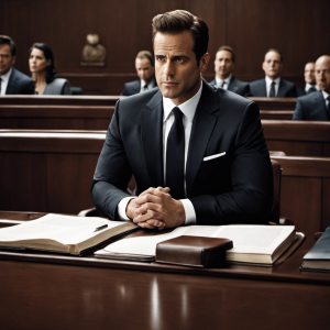 An image capturing a real lawyer's reaction to the TV show "Suits," featuring a captivating juxtaposition of a lawyer in a tailored suit, eyebrows furrowed in intense focus, passionately gesturing while watching a courtroom scene on a large screen